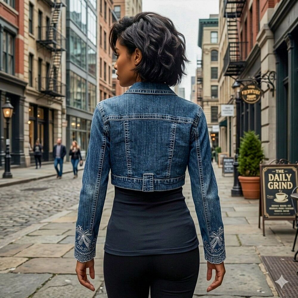 Vintage Apollo Denim Cropped Jacket Size M Y2K Embroidered Boho Blue Jean Shrug - Picture 2 of 8